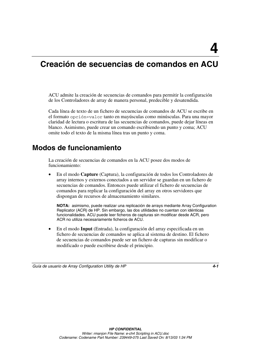 Creación de secuencias de comandos en acu, Modos de funcionamiento, Capítulo 4 | Modos de funcionamiento -1 | HP StorageWorks 1000 Modular Smart Array User Manual | Page 44 / 81