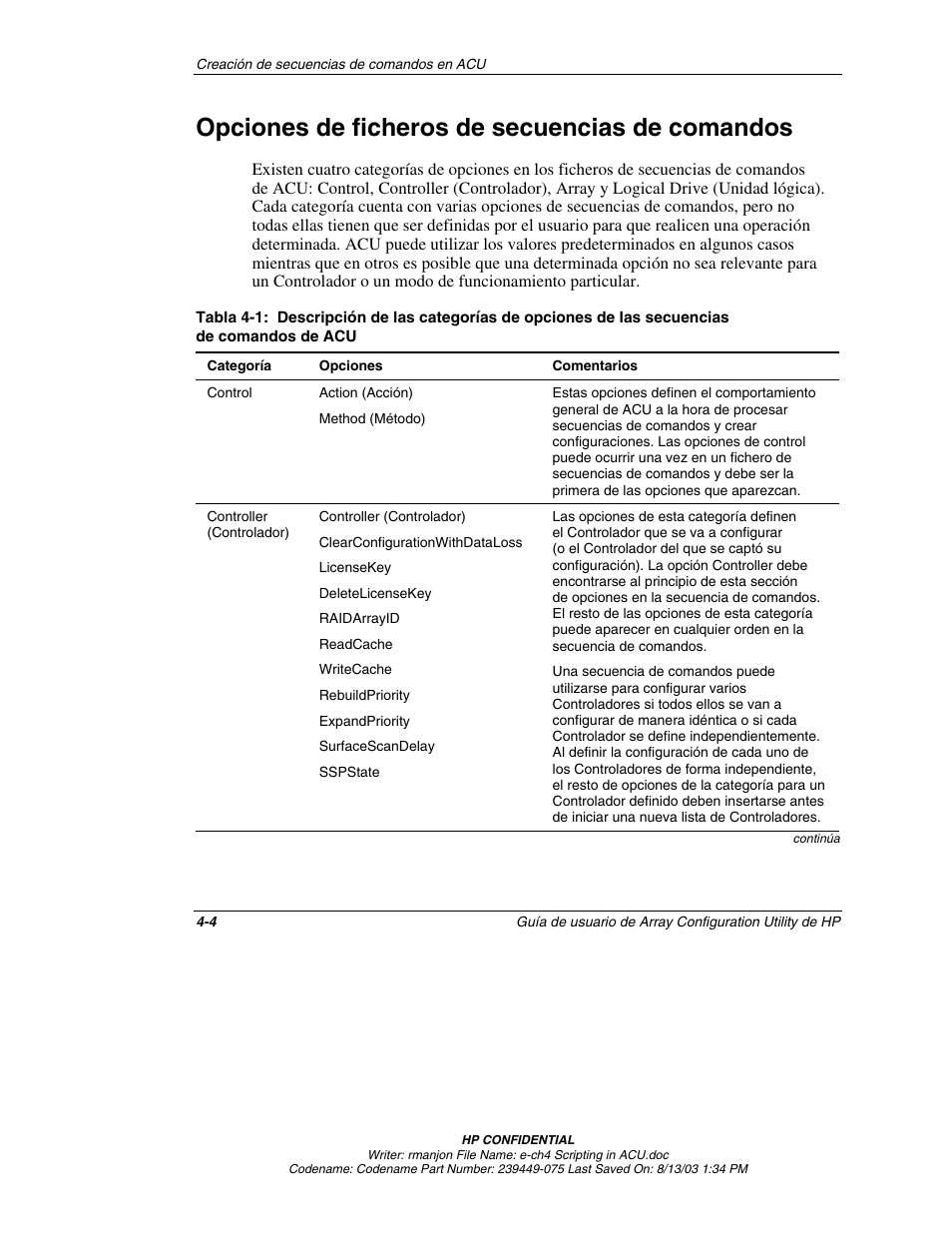 Opciones de ficheros de secuencias de comandos, Opciones de ficheros de secuencias de comandos -4 | HP StorageWorks 1000 Modular Smart Array User Manual | Page 47 / 81