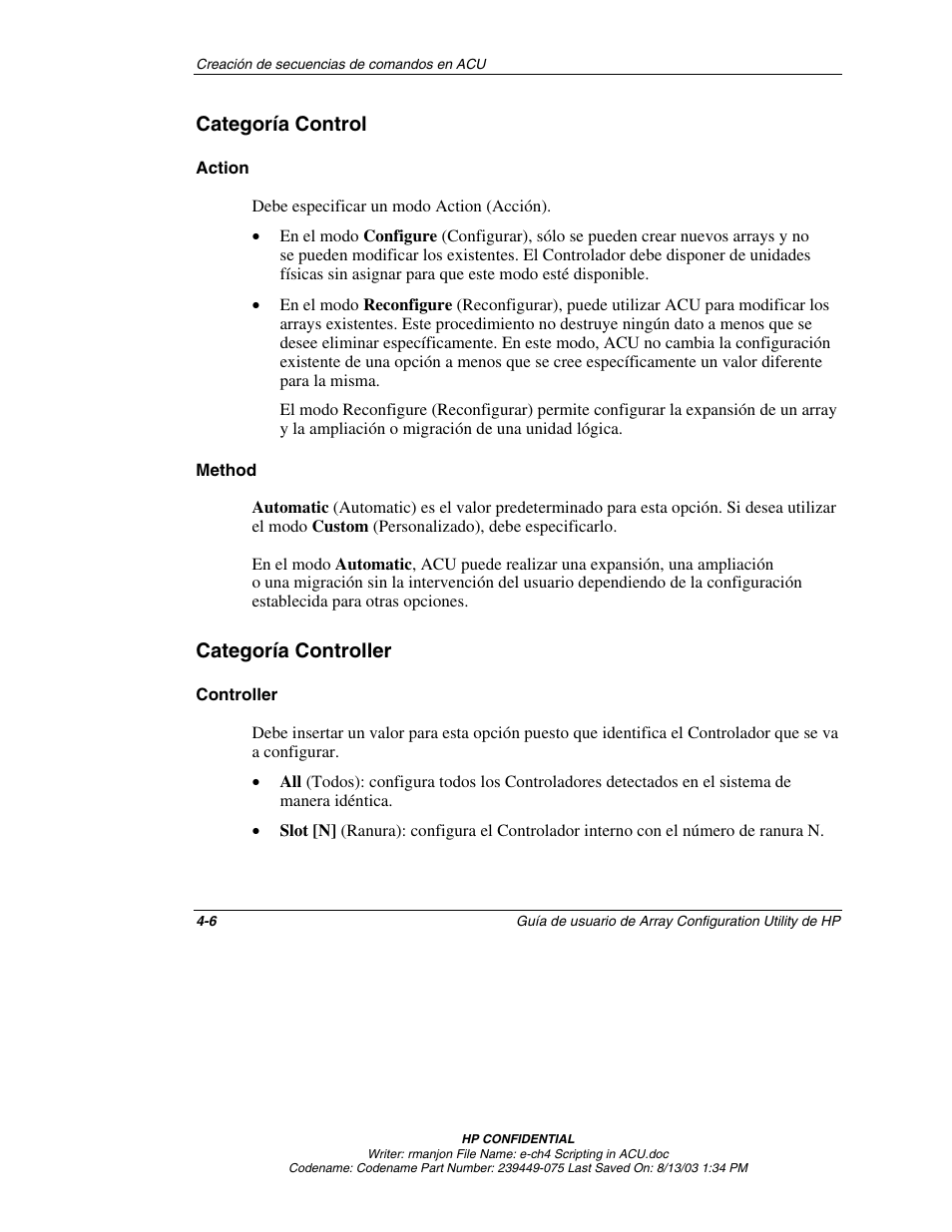 Categoría control, Action, Method | Categoría controller, Controller, Categoría control -6, Categoría controller -6 | HP StorageWorks 1000 Modular Smart Array User Manual | Page 49 / 81