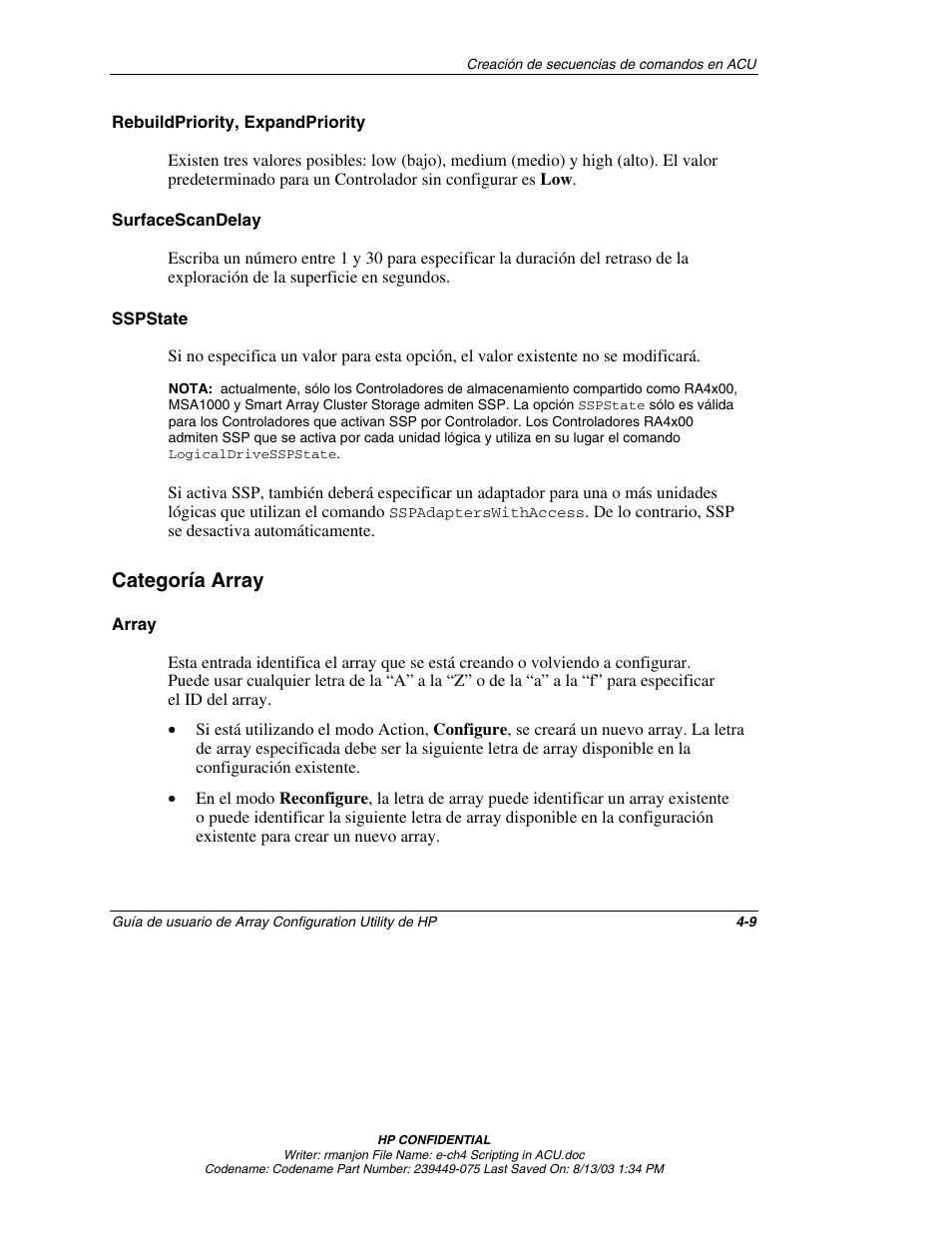 Rebuildpriority, expandpriority, Surfacescandelay, Sspstate | Categoría array, Array, Categoría array -9 | HP StorageWorks 1000 Modular Smart Array User Manual | Page 52 / 81