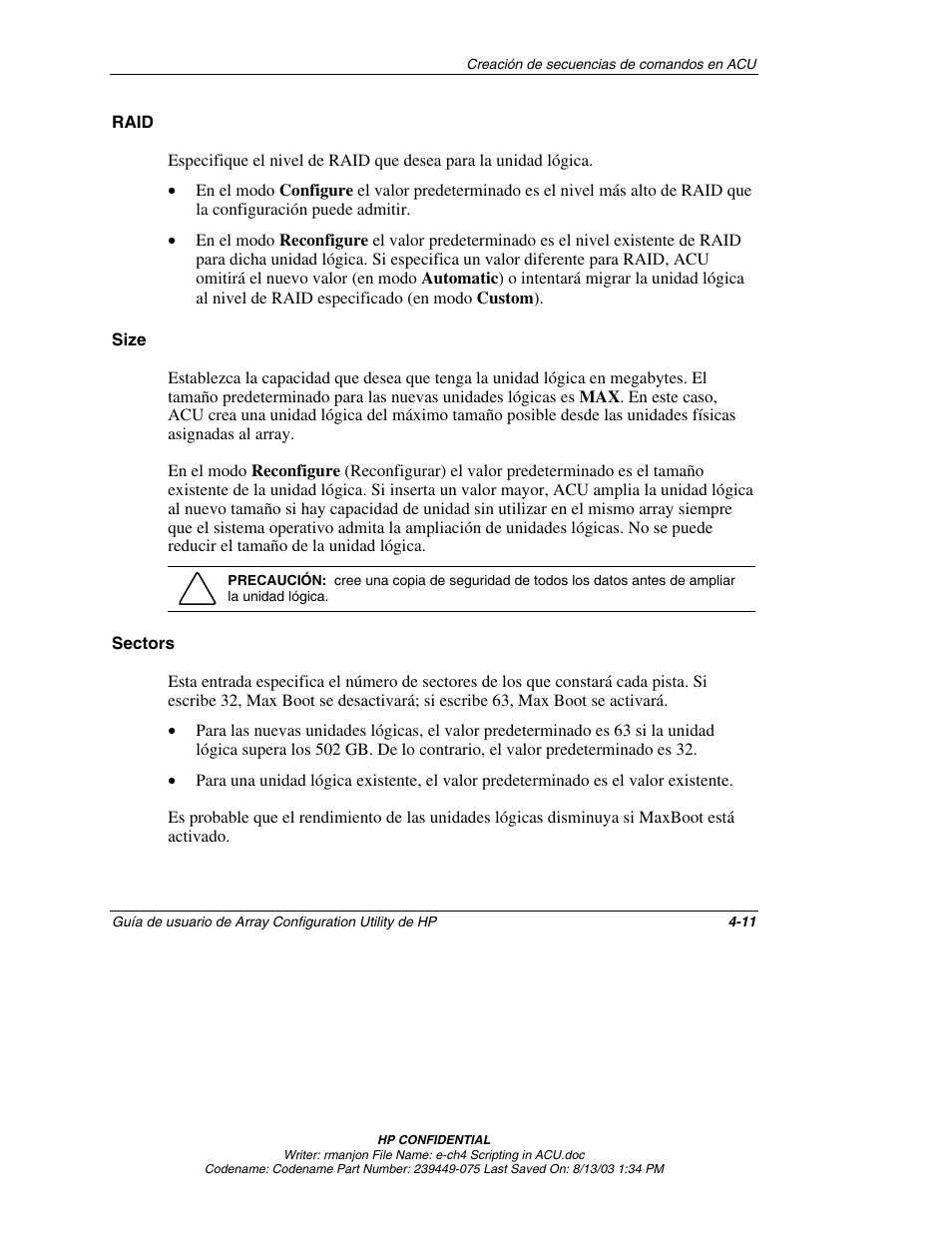 Raid, Size, Sectors | HP StorageWorks 1000 Modular Smart Array User Manual | Page 54 / 81