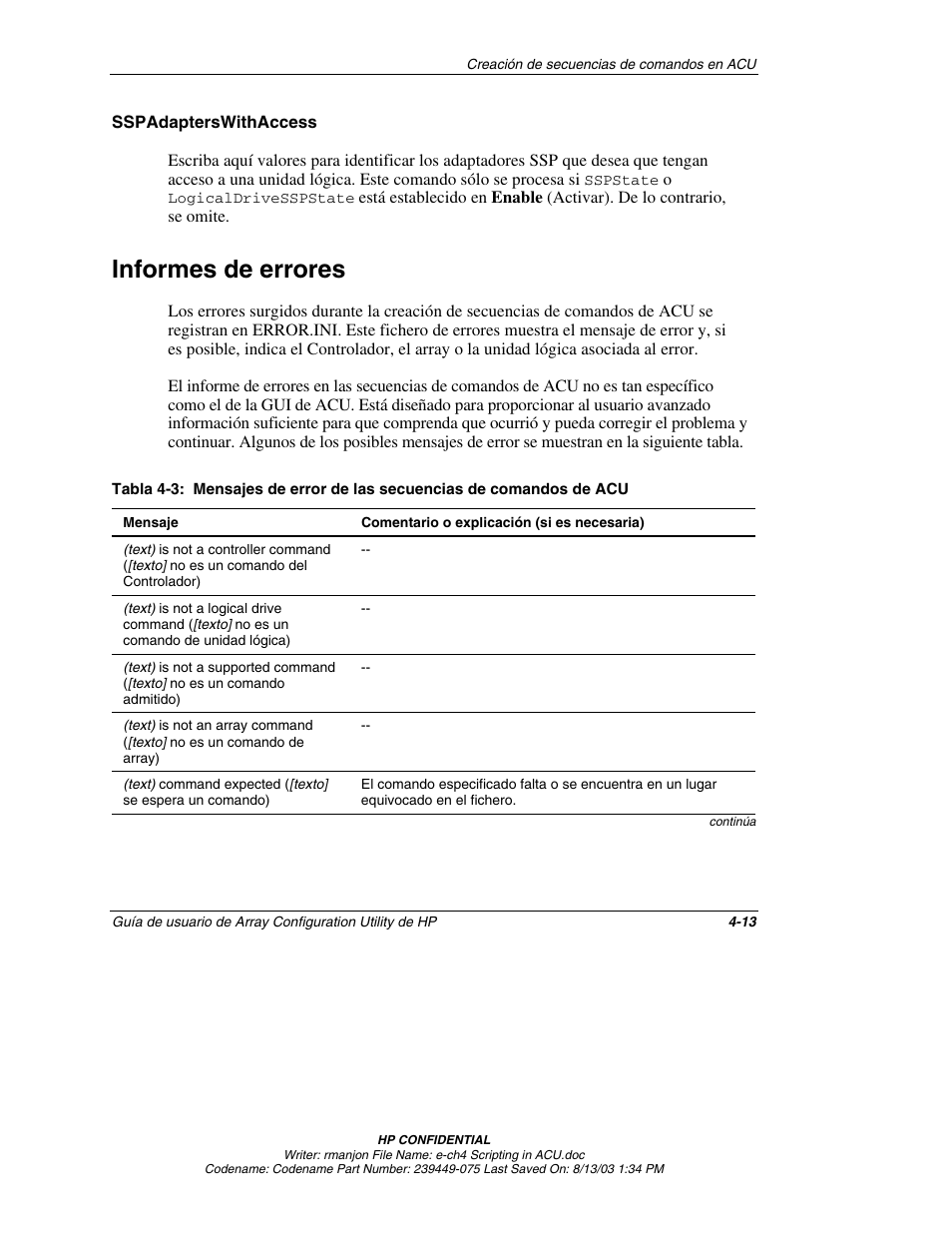 Sspadapterswithaccess, Informes de errores, Informes de errores -13 | HP StorageWorks 1000 Modular Smart Array User Manual | Page 56 / 81