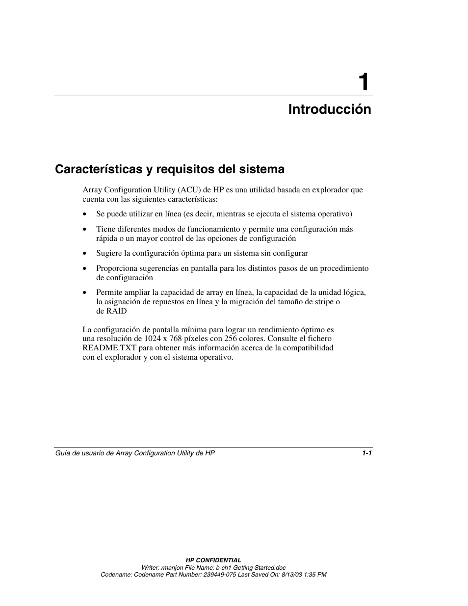 Introducción, Características y requisitos del sistema, Capítulo 1 | Características y requisitos del sistema -1 | HP StorageWorks 1000 Modular Smart Array User Manual | Page 9 / 81