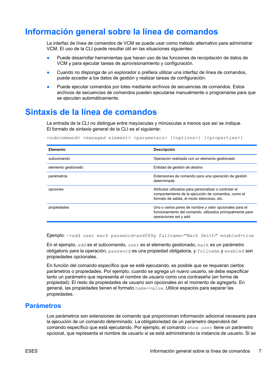 Información general sobre la línea de comandos, Sintaxis de la línea de comandos, Parámetros | HP Módulo Fibre Channel de conexión virtual de 4Gb HP para BladeSystem clase C User Manual | Page 14 / 238