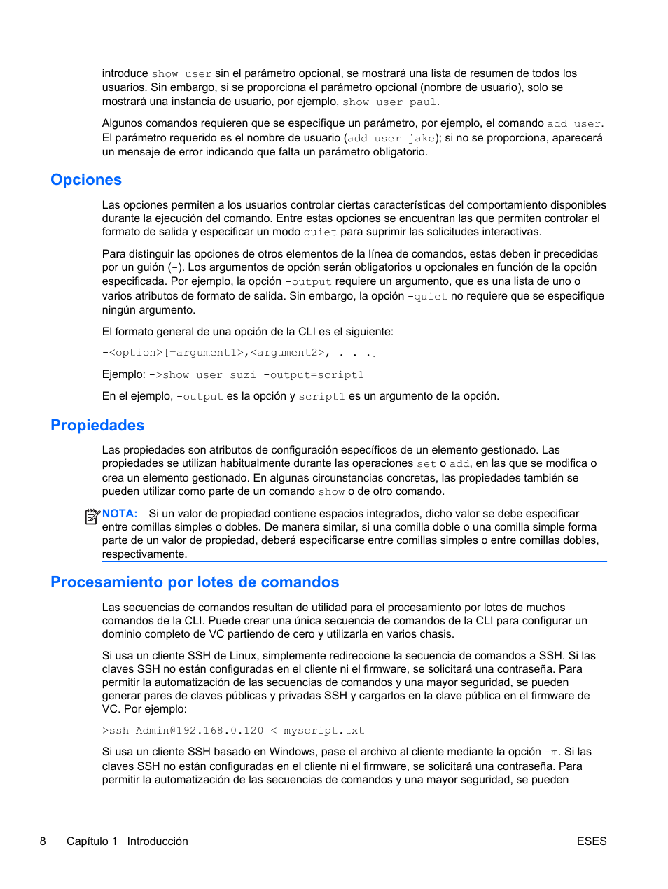 Opciones, Propiedades, Procesamiento por lotes de comandos | HP Módulo Fibre Channel de conexión virtual de 4Gb HP para BladeSystem clase C User Manual | Page 15 / 238