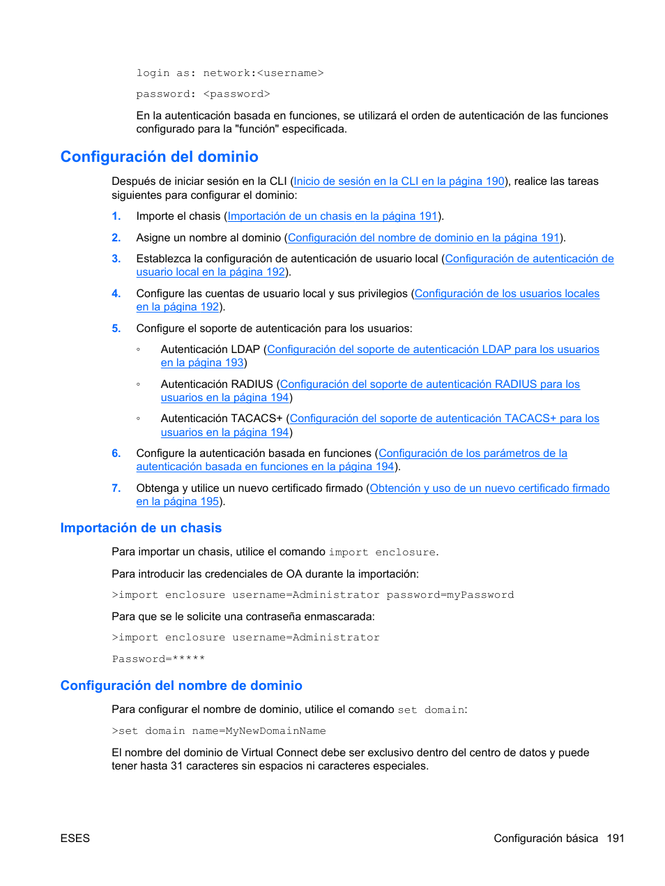 Configuración del dominio, Importación de un chasis, Configuración del nombre de dominio | HP Módulo Fibre Channel de conexión virtual de 4Gb HP para BladeSystem clase C User Manual | Page 198 / 238