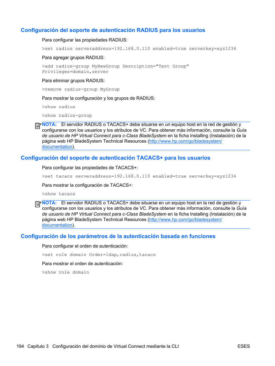 Radius, Tacacs, Configuración de los parámetros de la | HP Módulo Fibre Channel de conexión virtual de 4Gb HP para BladeSystem clase C User Manual | Page 201 / 238