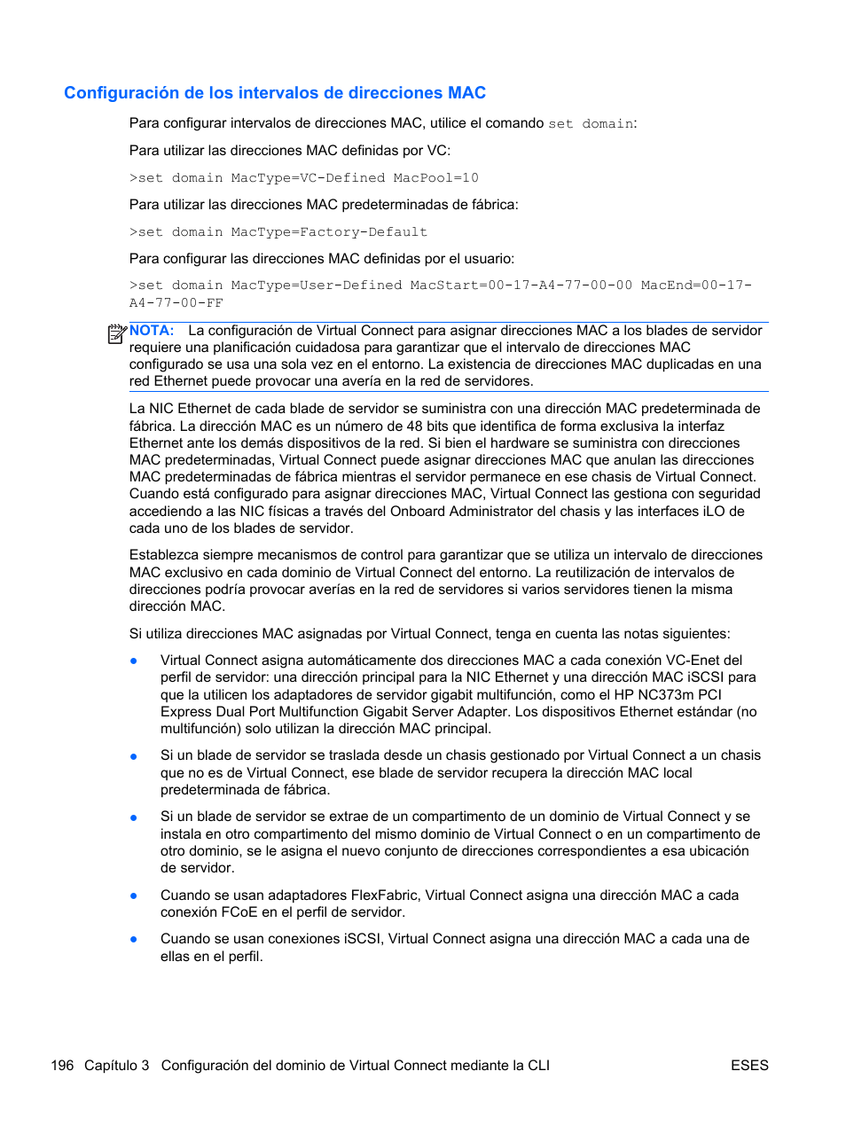 Configuración de los intervalos de direcciones mac | HP Módulo Fibre Channel de conexión virtual de 4Gb HP para BladeSystem clase C User Manual | Page 203 / 238