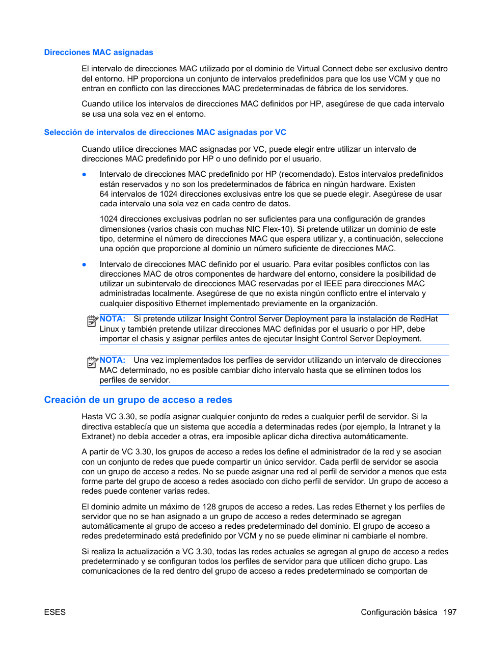 Direcciones mac asignadas, Creación de un grupo de acceso a redes | HP Módulo Fibre Channel de conexión virtual de 4Gb HP para BladeSystem clase C User Manual | Page 204 / 238