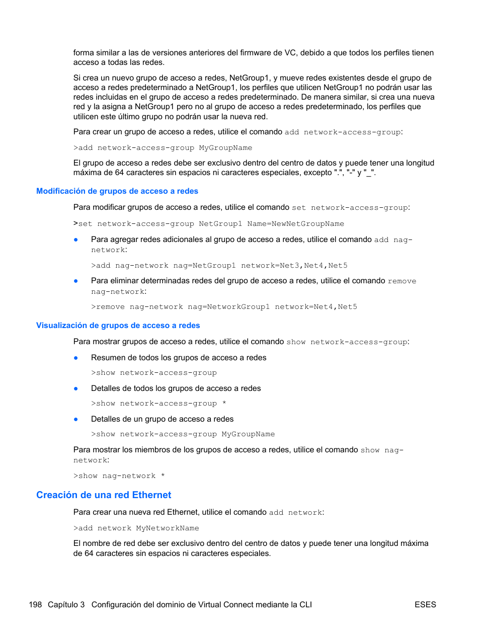 Modificación de grupos de acceso a redes, Visualización de grupos de acceso a redes, Creación de una red ethernet | HP Módulo Fibre Channel de conexión virtual de 4Gb HP para BladeSystem clase C User Manual | Page 205 / 238