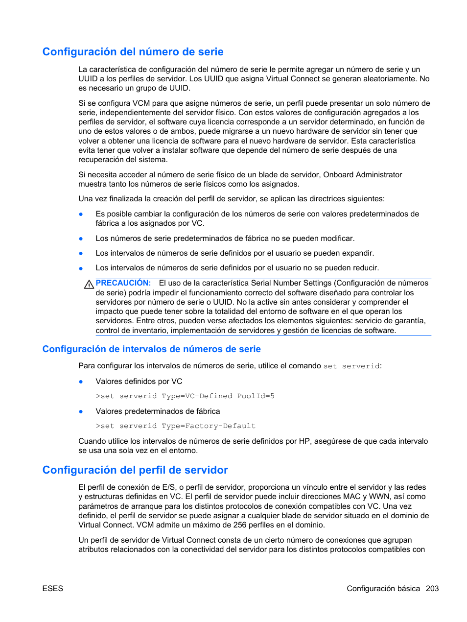 Configuración del número de serie, Configuración de intervalos de números de serie, Configuración del perfil de servidor | HP Módulo Fibre Channel de conexión virtual de 4Gb HP para BladeSystem clase C User Manual | Page 210 / 238