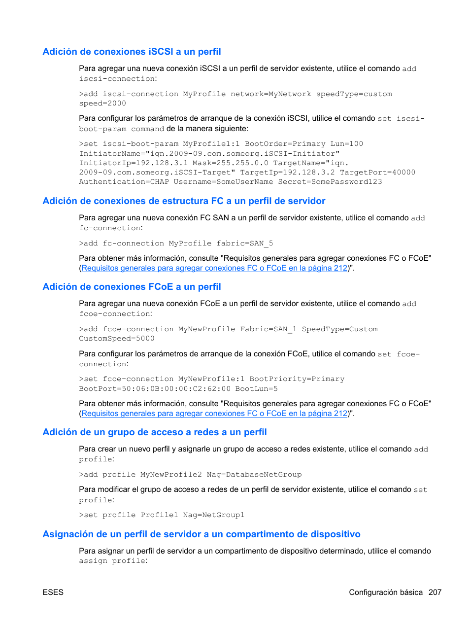 Adición de conexiones iscsi a un perfil, Adición de conexiones fcoe a un perfil, Adición de un grupo de acceso a redes a un perfil | HP Módulo Fibre Channel de conexión virtual de 4Gb HP para BladeSystem clase C User Manual | Page 214 / 238