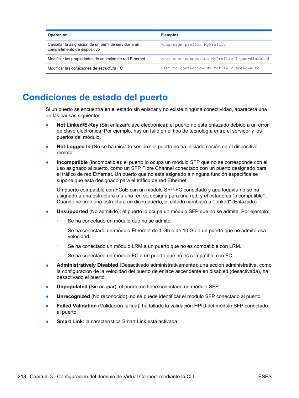 Condiciones de estado del puerto | HP Módulo Fibre Channel de conexión virtual de 4Gb HP para BladeSystem clase C User Manual | Page 225 / 238