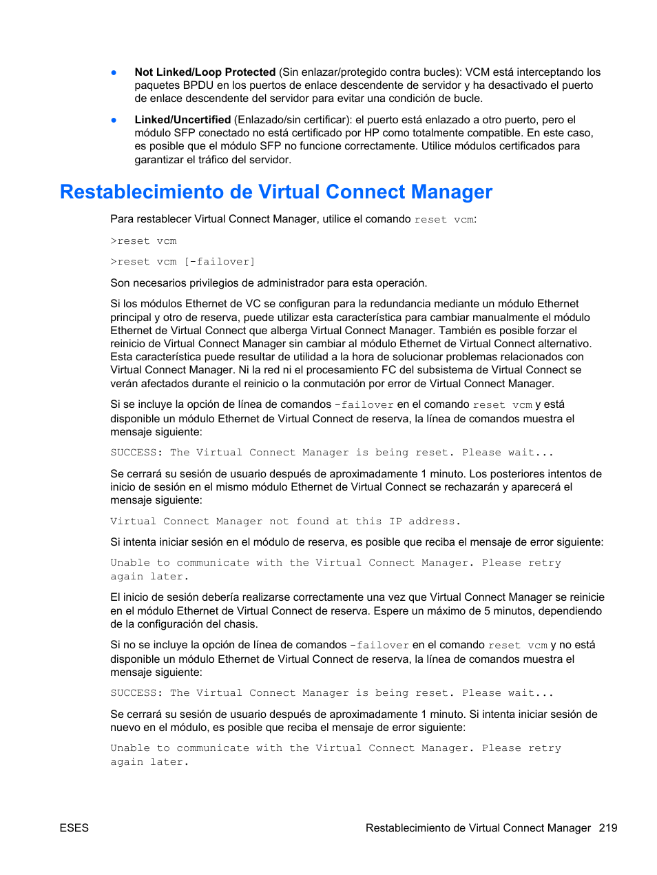 Restablecimiento de virtual connect manager | HP Módulo Fibre Channel de conexión virtual de 4Gb HP para BladeSystem clase C User Manual | Page 226 / 238