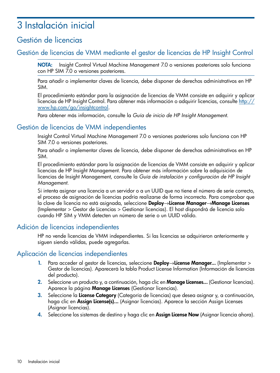 3 instalación inicial, Gestión de licencias, Gestión de licencias de vmm independientes | Adición de licencias independientes, Aplicación de licencias independientes | HP Insight Control User Manual | Page 10 / 60