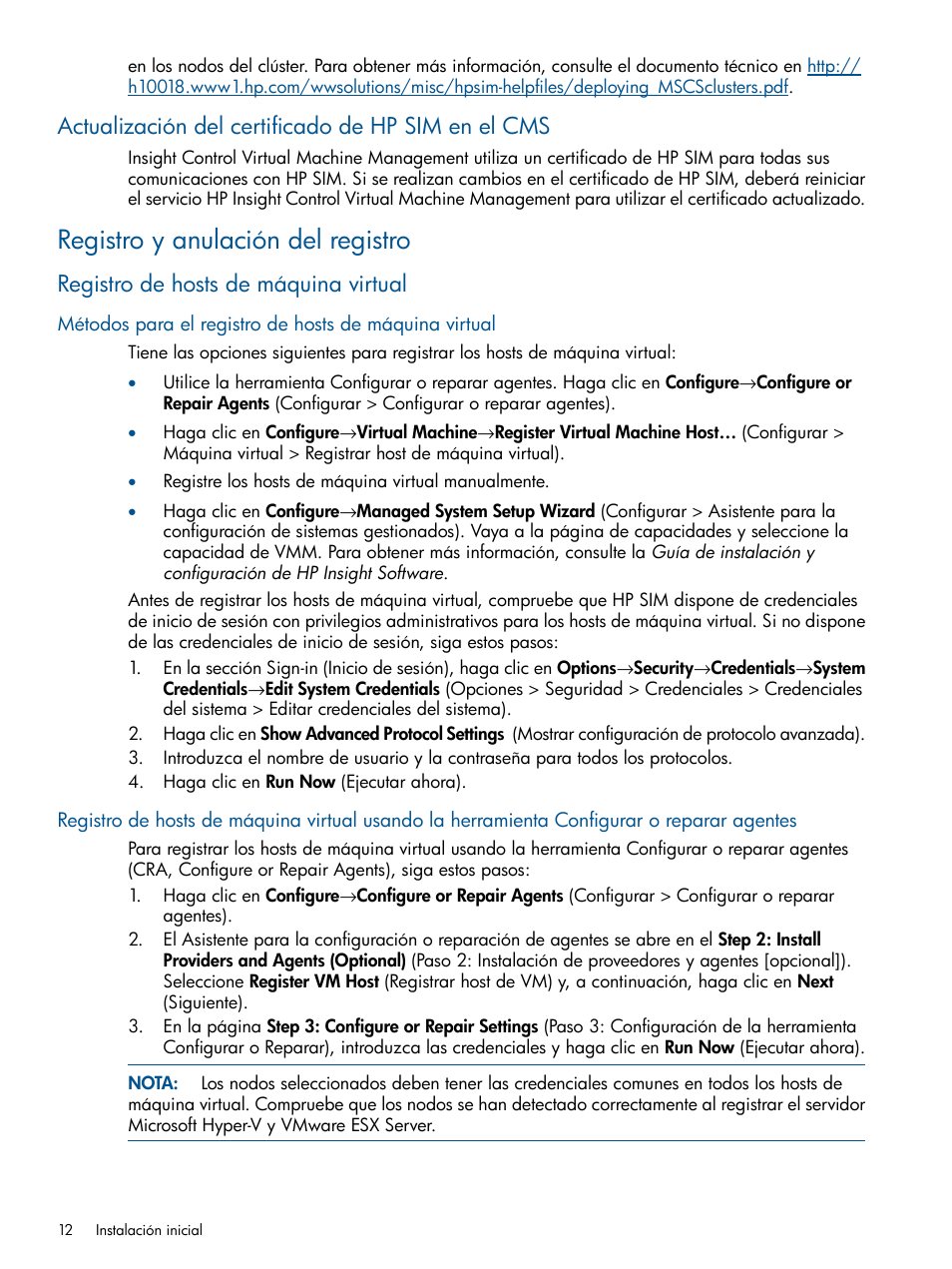 Actualización del certificado de hp sim en el cms, Registro y anulación del registro, Registro de hosts de máquina virtual | HP Insight Control User Manual | Page 12 / 60