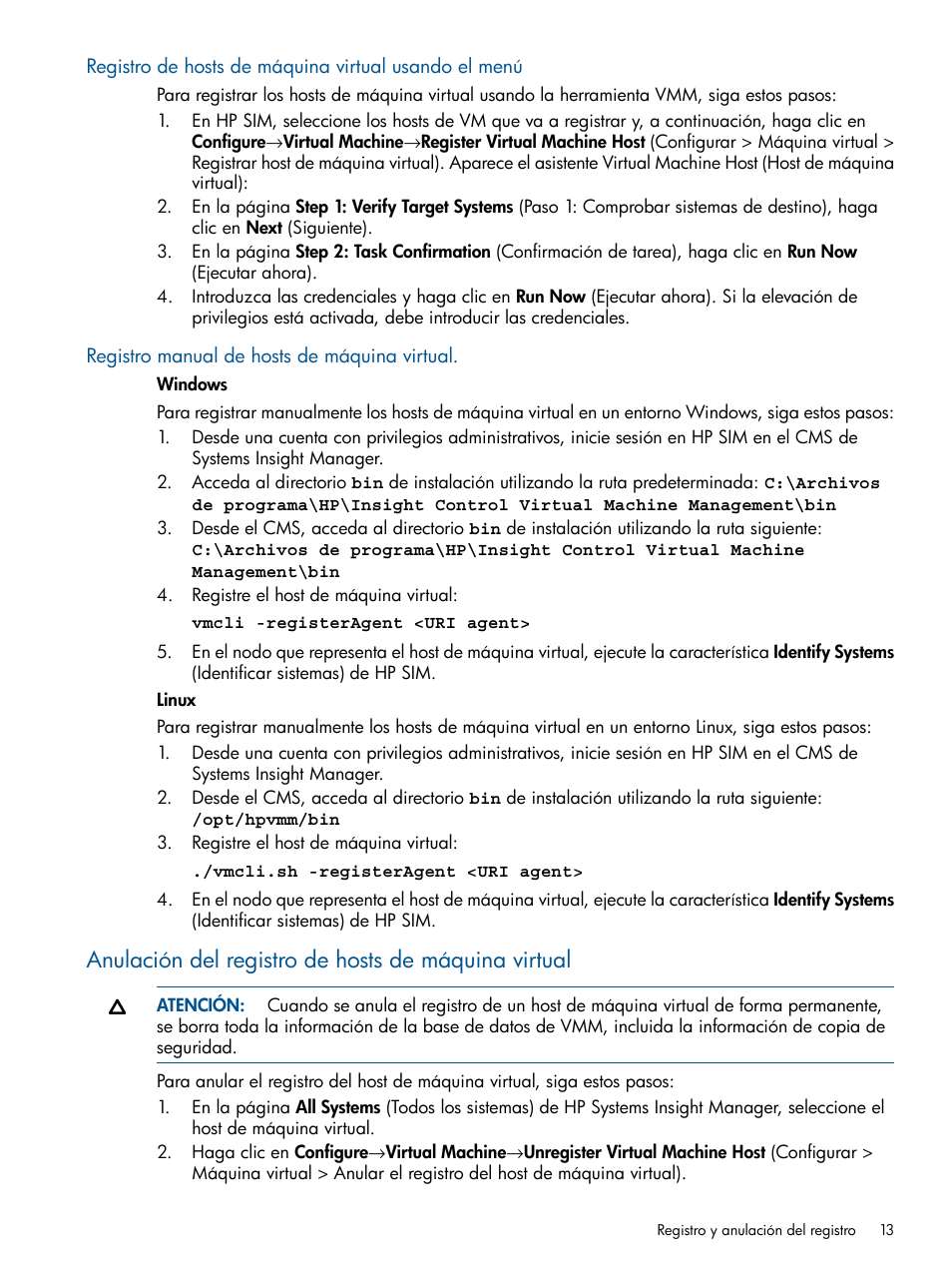 Registro manual de hosts de máquina virtual, Anulación del registro de hosts de máquina virtual | HP Insight Control User Manual | Page 13 / 60