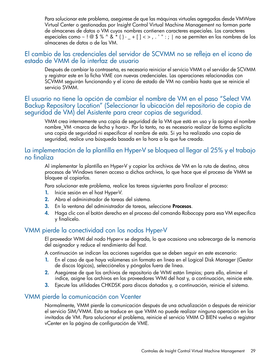 Vmm pierde la conectividad con los nodos hyper-v, Vmm pierde la comunicación con vcenter | HP Insight Control User Manual | Page 29 / 60