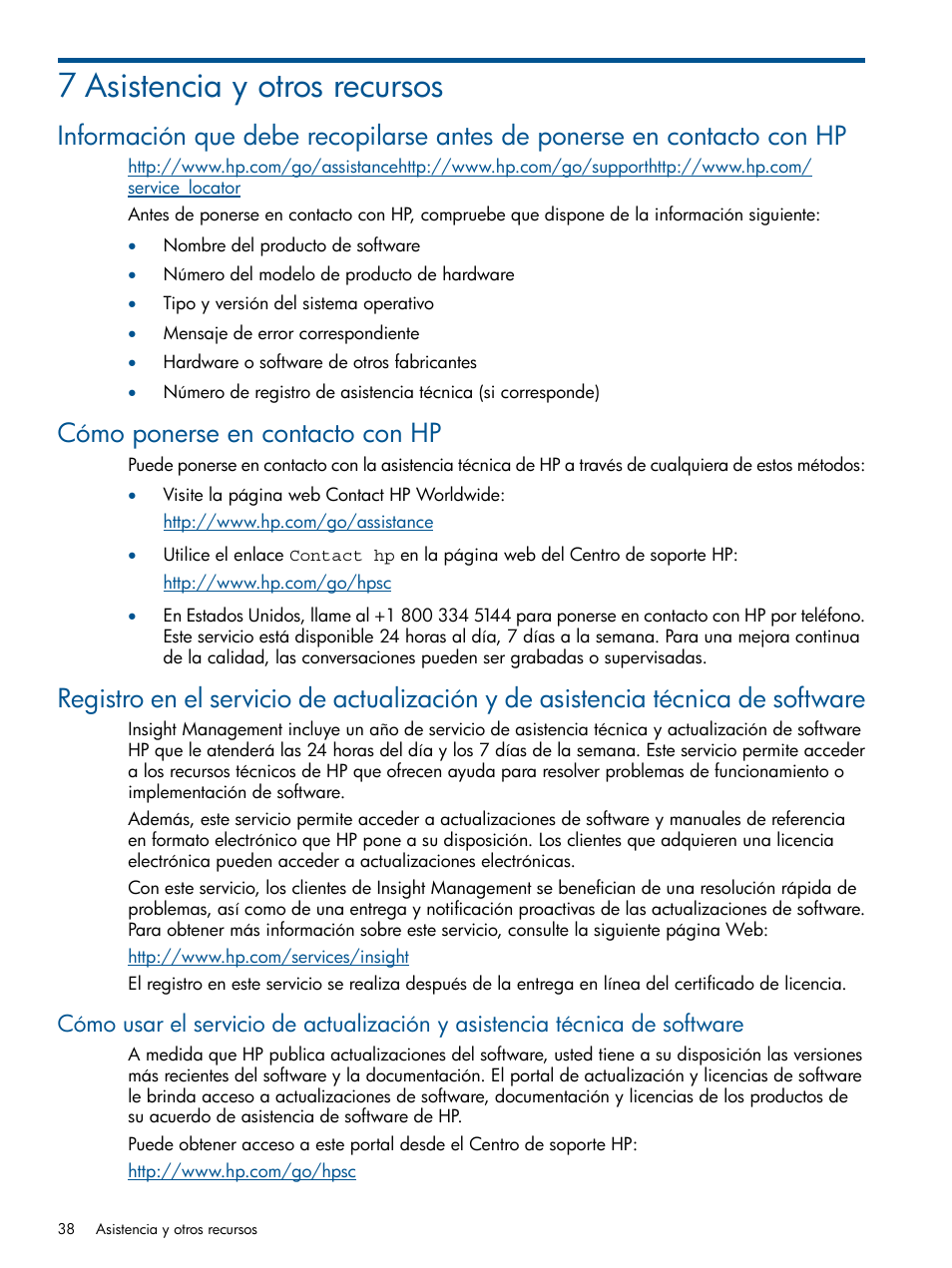 7 asistencia y otros recursos, Cómo ponerse en contacto con hp | HP Insight Control User Manual | Page 38 / 60