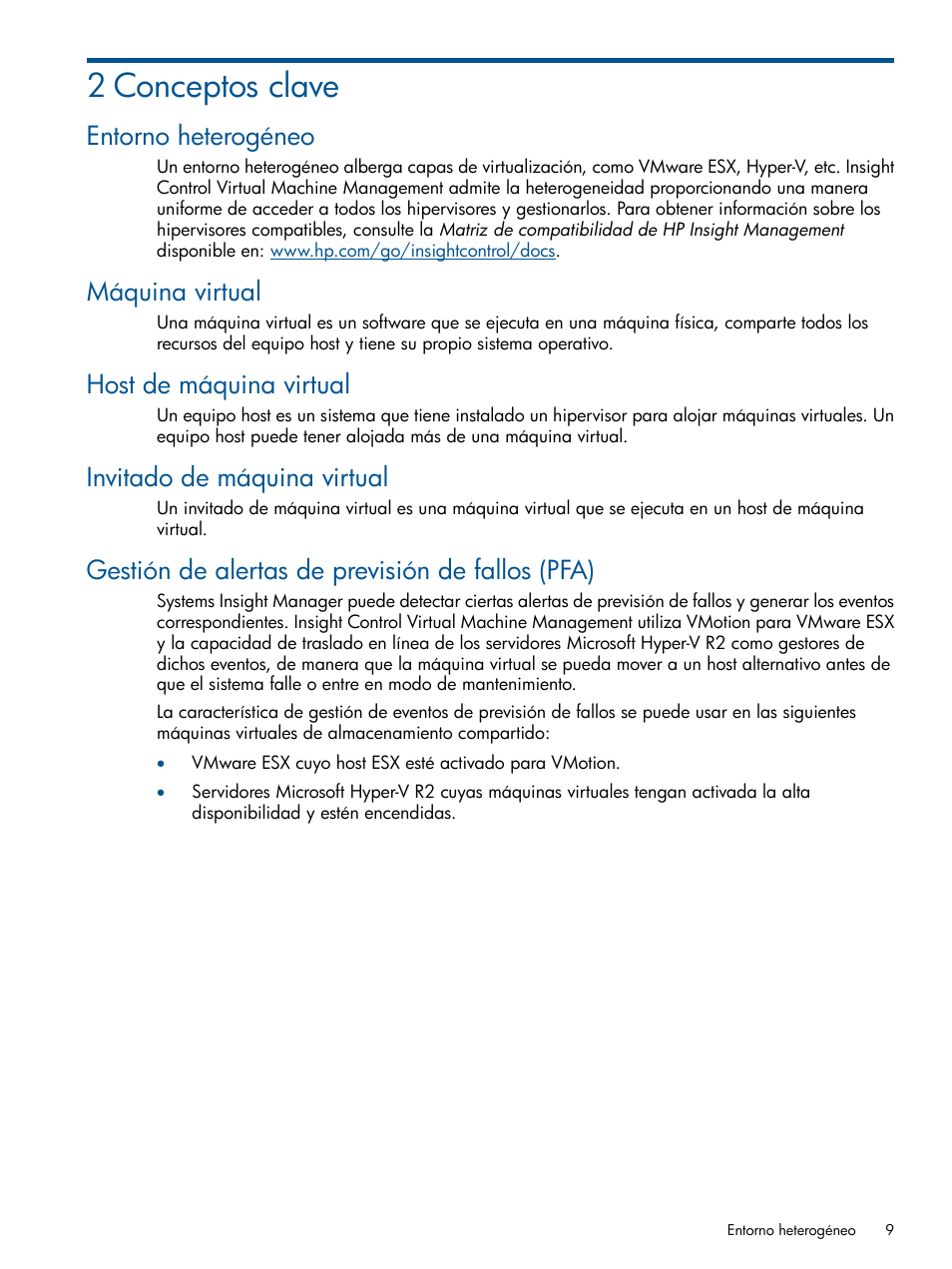 2 conceptos clave, Entorno heterogéneo, Máquina virtual | Host de máquina virtual, Invitado de máquina virtual, Gestión de alertas de previsión de fallos (pfa) | HP Insight Control User Manual | Page 9 / 60