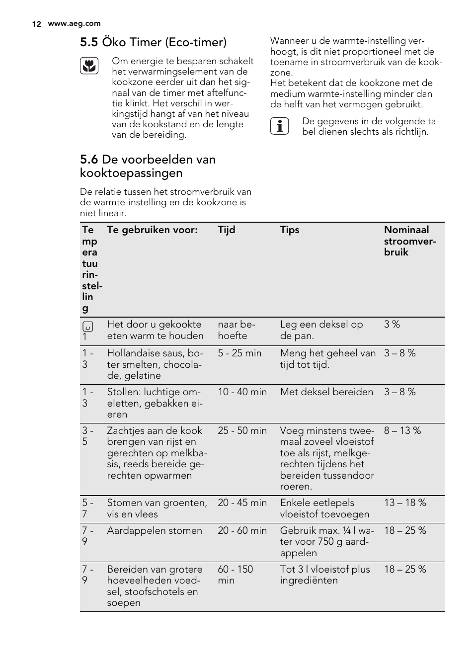 5 öko timer (eco-timer), 6 de voorbeelden van kooktoepassingen | AEG HK854400XS User Manual | Page 12 / 72