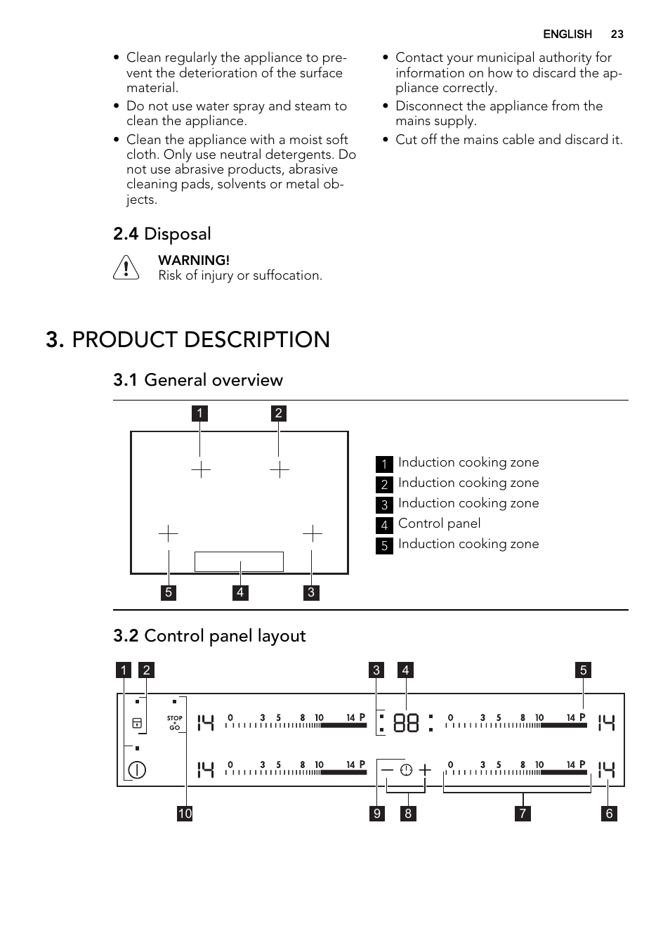 Product description, 4 disposal, 1 general overview | 2 control panel layout | AEG HK854400XS User Manual | Page 23 / 72