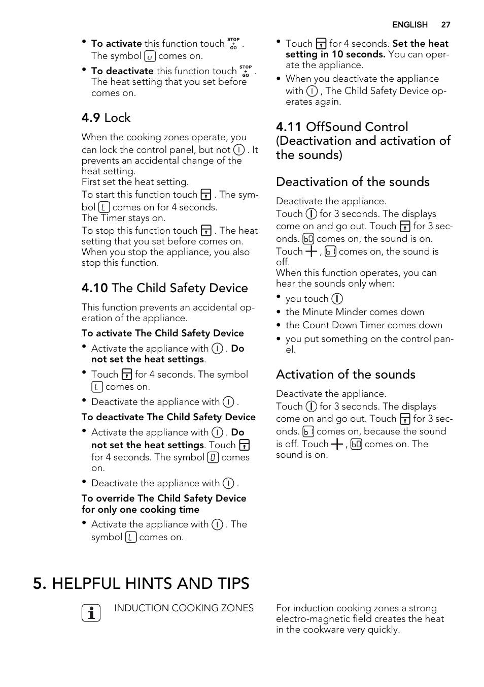 Helpful hints and tips, 9 lock, 10 the child safety device | Activation of the sounds | AEG HK854400XS User Manual | Page 27 / 72