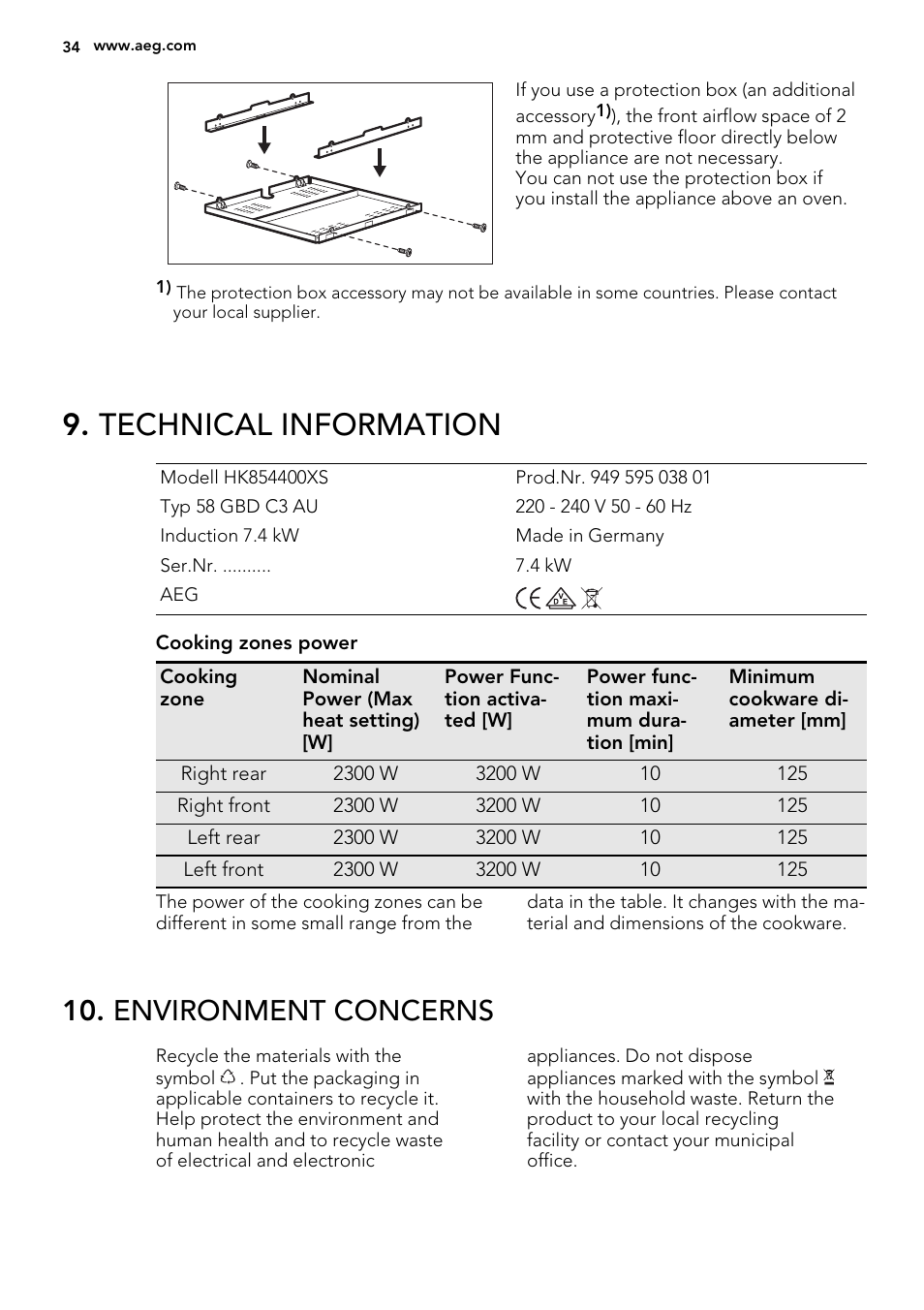 Technical information, Environment concerns | AEG HK854400XS User Manual | Page 34 / 72