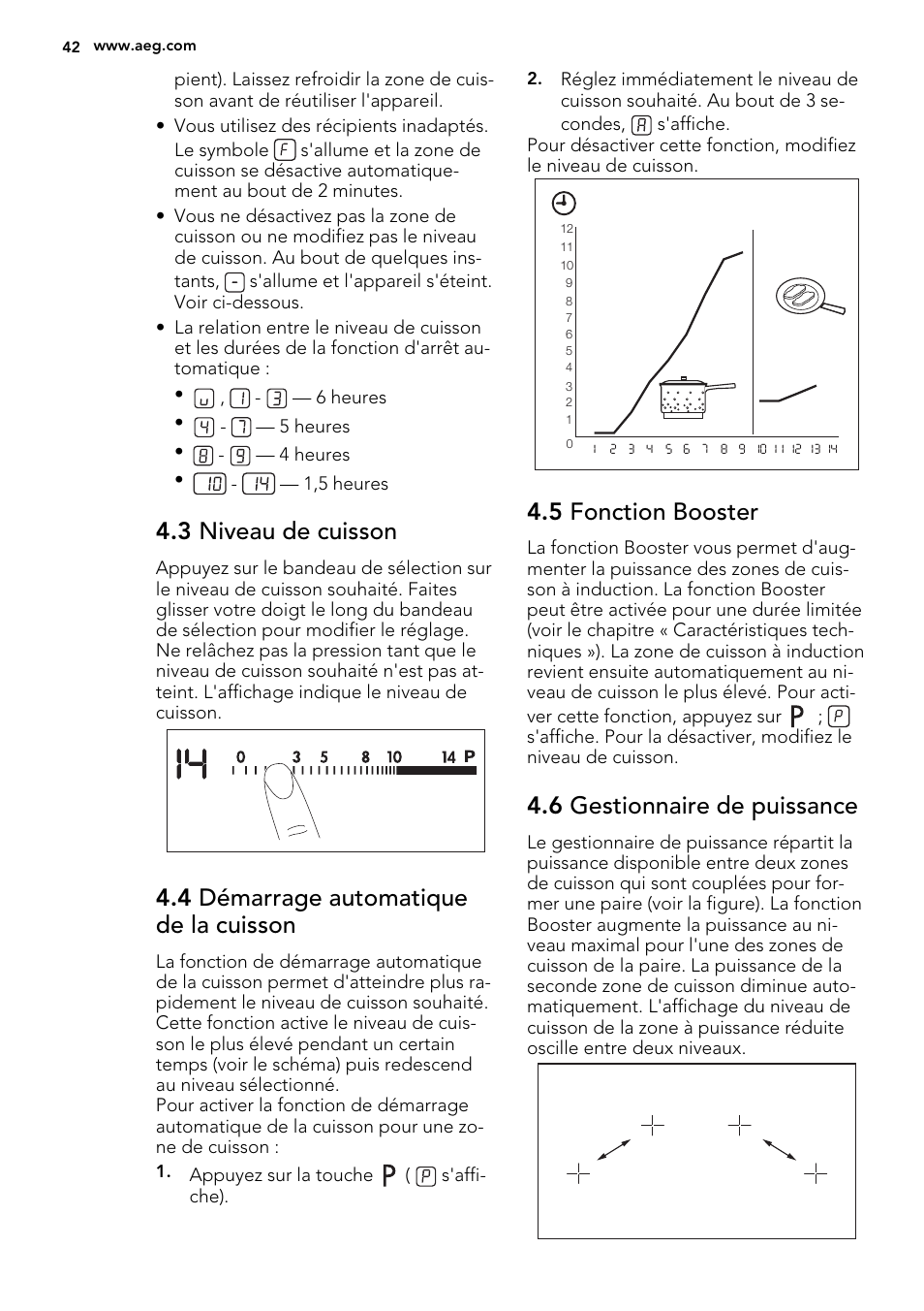 3 niveau de cuisson, 4 démarrage automatique de la cuisson, 5 fonction booster | 6 gestionnaire de puissance | AEG HK854400XS User Manual | Page 42 / 72