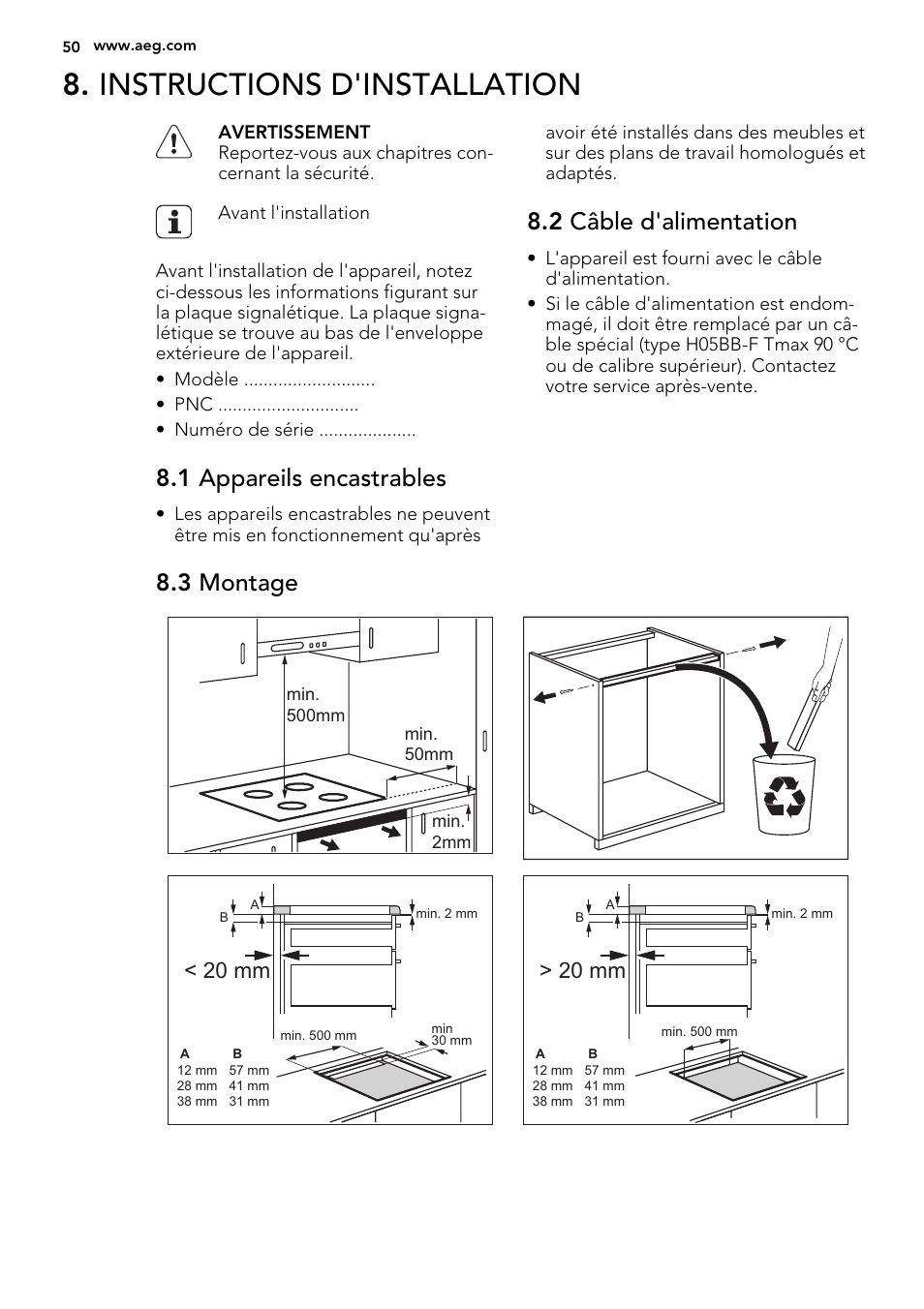 Instructions d'installation, 1 appareils encastrables, 2 câble d'alimentation | 3 montage, 20 mm | AEG HK854400XS User Manual | Page 50 / 72