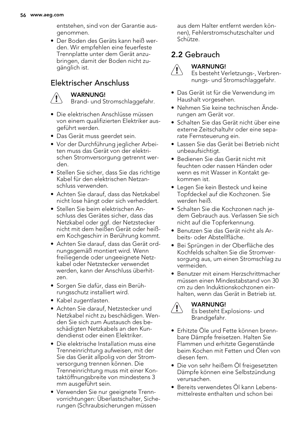 Elektrischer anschluss, 2 gebrauch | AEG HK854400XS User Manual | Page 56 / 72