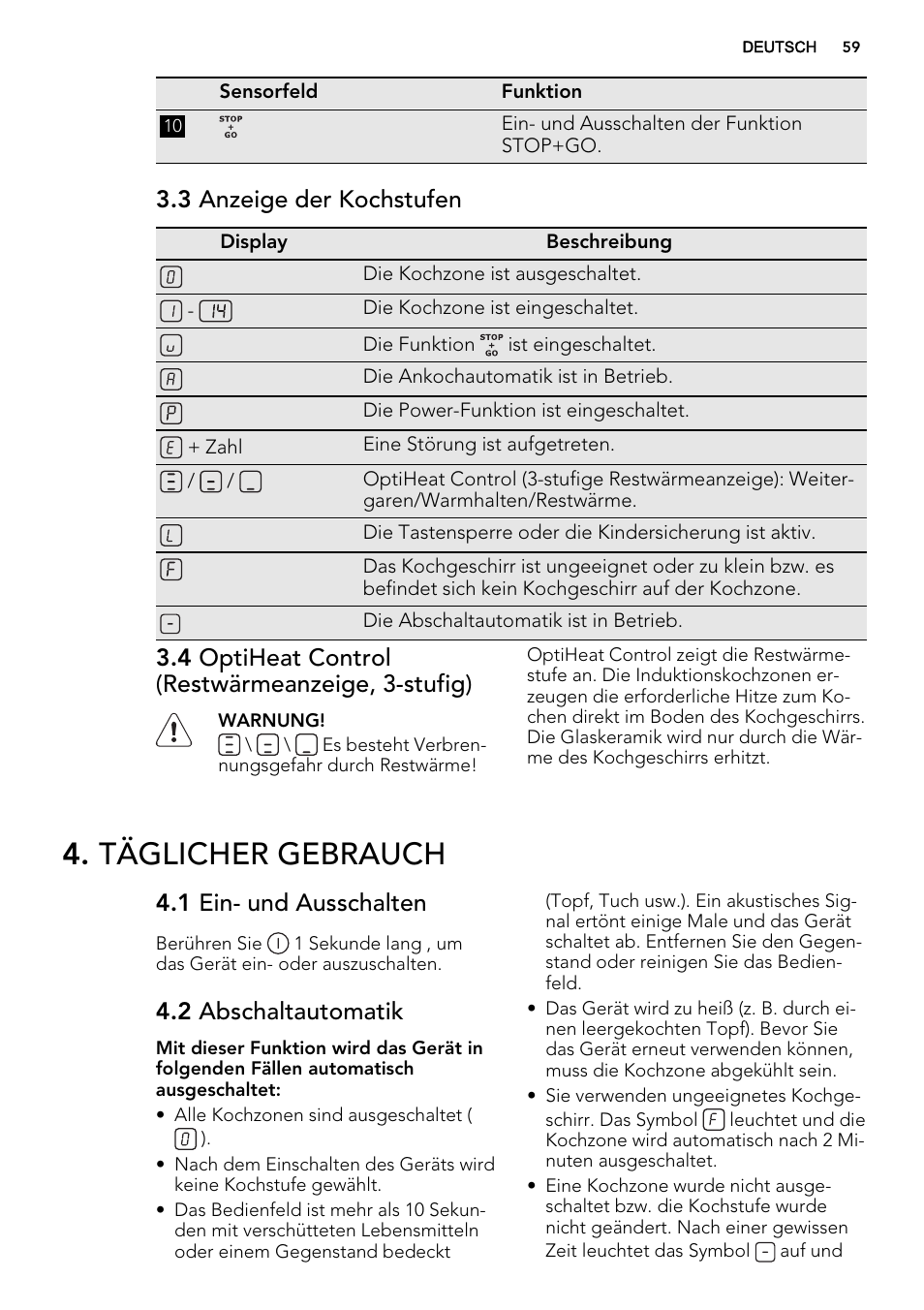 Täglicher gebrauch, 3 anzeige der kochstufen, 4 optiheat control (restwärmeanzeige, 3-stufig) | 1 ein- und ausschalten, 2 abschaltautomatik | AEG HK854400XS User Manual | Page 59 / 72