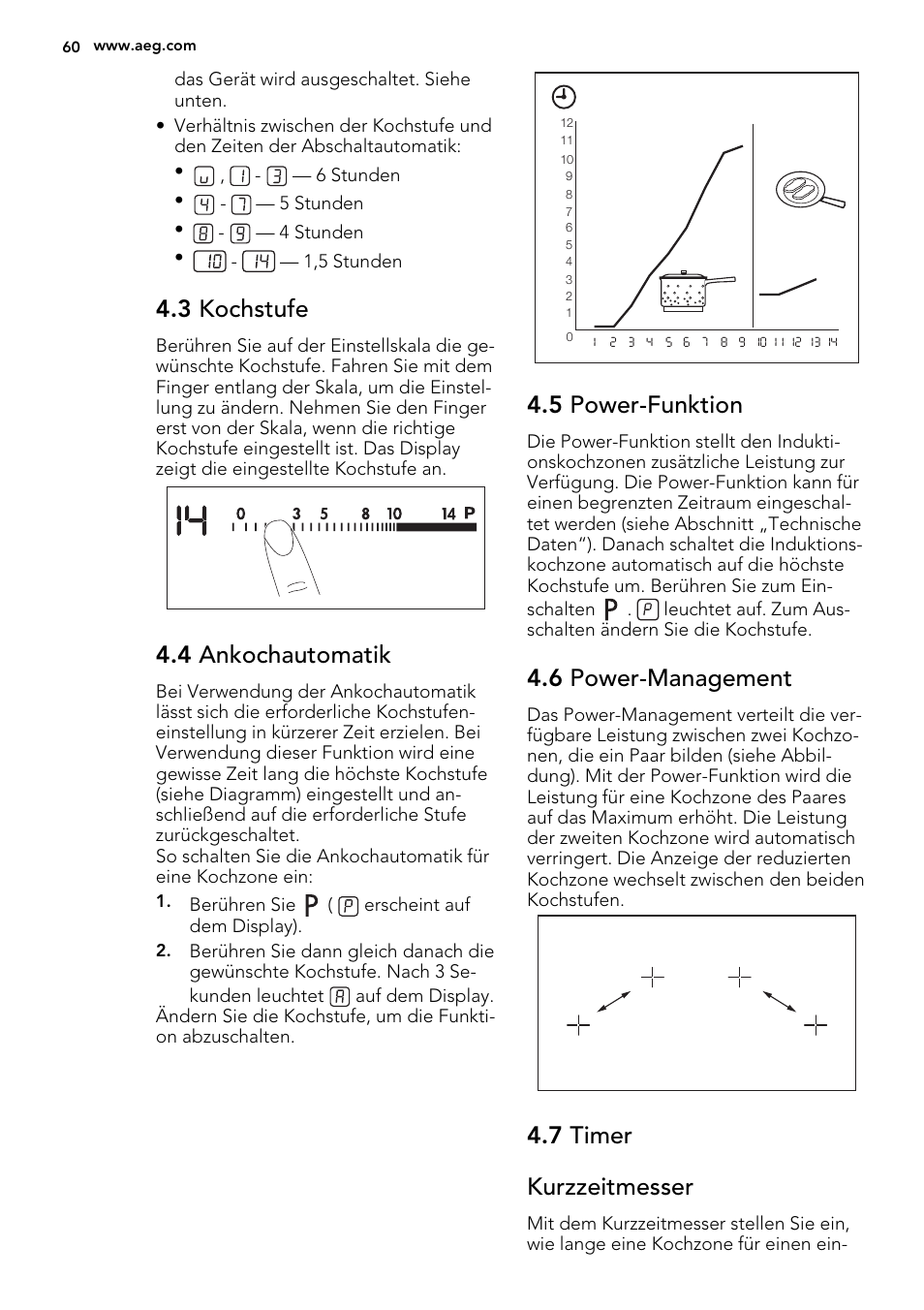 3 kochstufe, 4 ankochautomatik, 5 power-funktion | 6 power-management, 7 timer kurzzeitmesser | AEG HK854400XS User Manual | Page 60 / 72