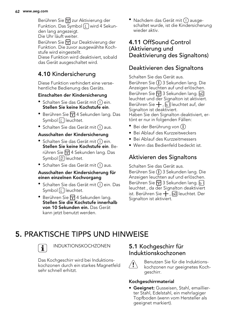 Praktische tipps und hinweise, 10 kindersicherung, Aktivieren des signaltons | 1 kochgeschirr für induktionskochzonen | AEG HK854400XS User Manual | Page 62 / 72