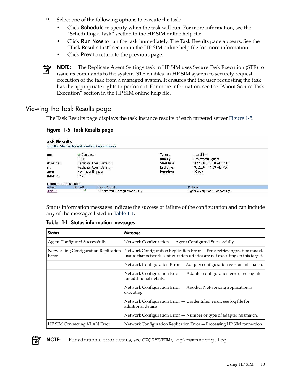 Status information messages, Viewing the task results page | HP Integrity rx4640 Server User Manual | Page 13 / 24