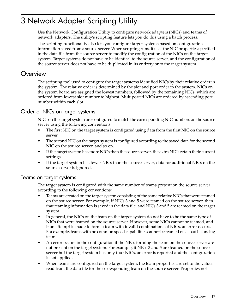 3 network adapter scripting utility, Overview, Order of nics on target systems | Teams on target systems | HP Integrity rx4640 Server User Manual | Page 17 / 24