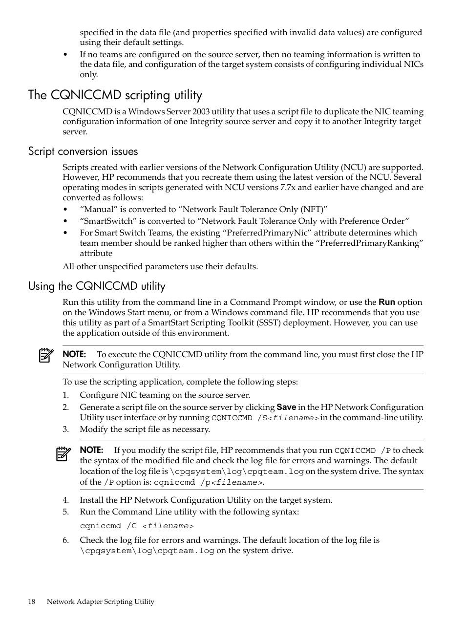 The cqniccmd scripting utility, Script conversion issues, Using the cqniccmd utility | HP Integrity rx4640 Server User Manual | Page 18 / 24