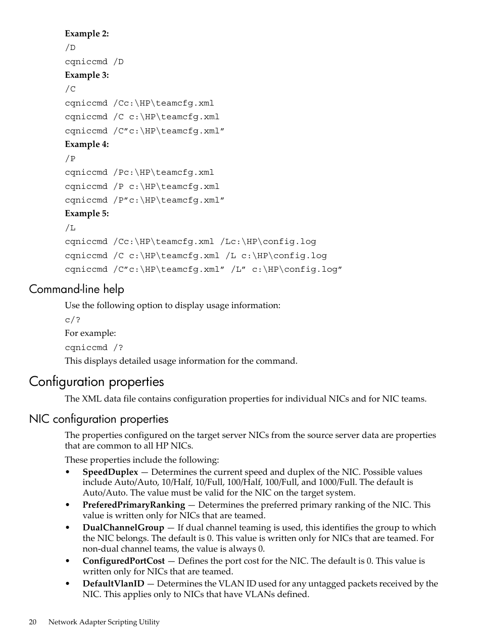 Command-line help, Configuration properties, Nic configuration properties | HP Integrity rx4640 Server User Manual | Page 20 / 24