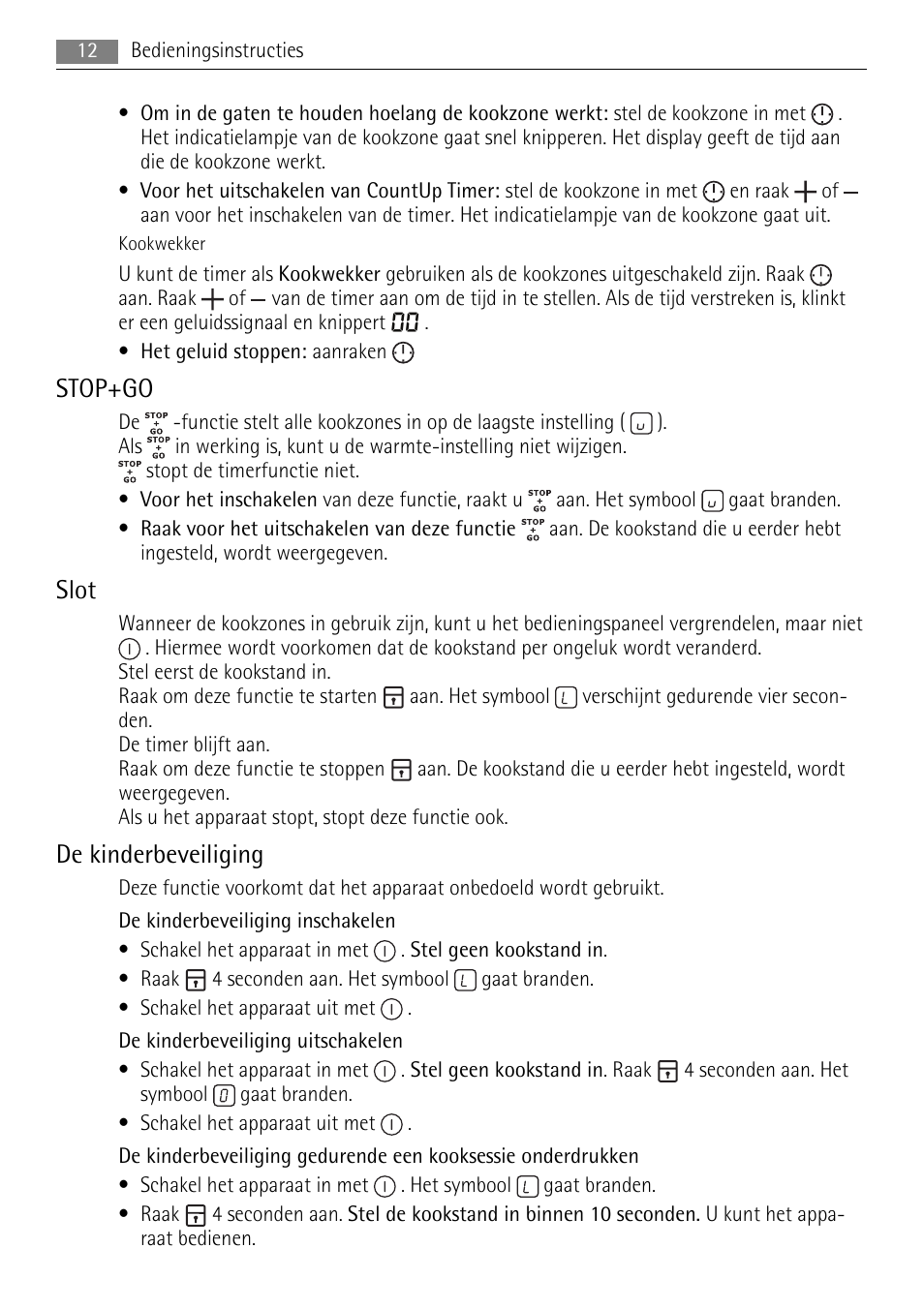 Stop+go, Slot, De kinderbeveiliging | AEG HK854400XB User Manual | Page 12 / 84