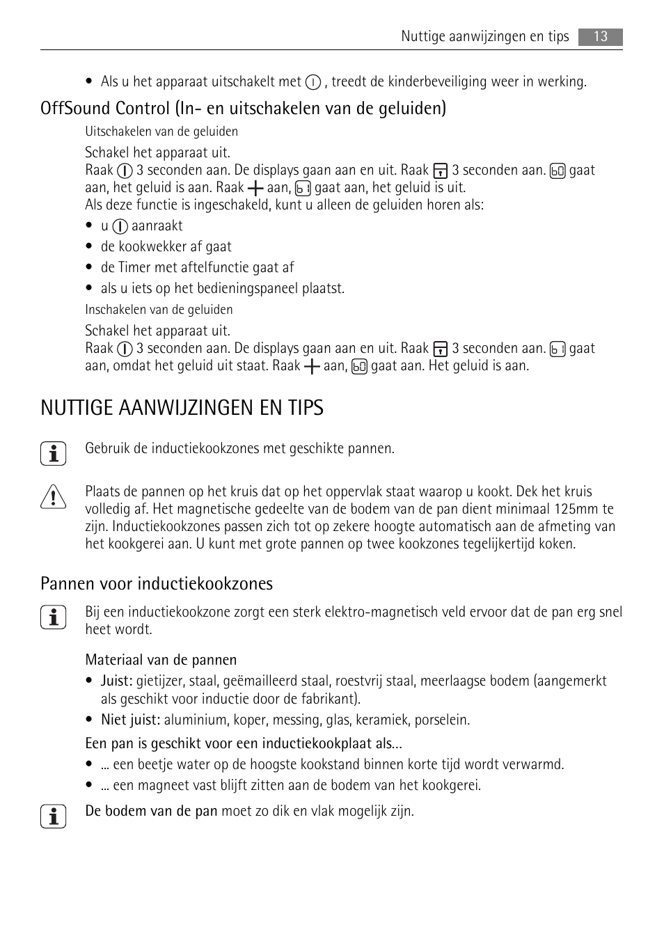 Nuttige aanwijzingen en tips, Pannen voor inductiekookzones | AEG HK854400XB User Manual | Page 13 / 84