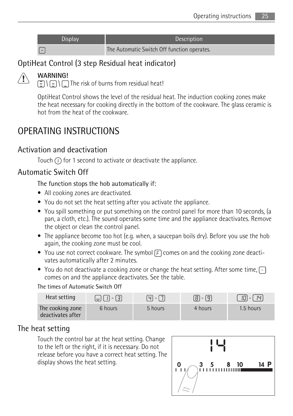 Operating instructions, Optiheat control (3 step residual heat indicator), Activation and deactivation | Automatic switch off, The heat setting | AEG HK854400XB User Manual | Page 25 / 84