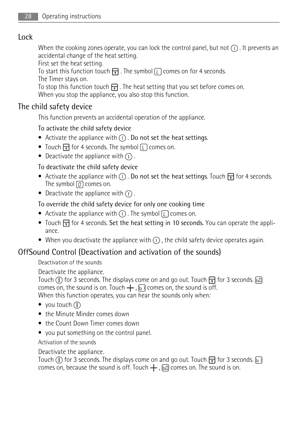 Lock, The child safety device | AEG HK854400XB User Manual | Page 28 / 84