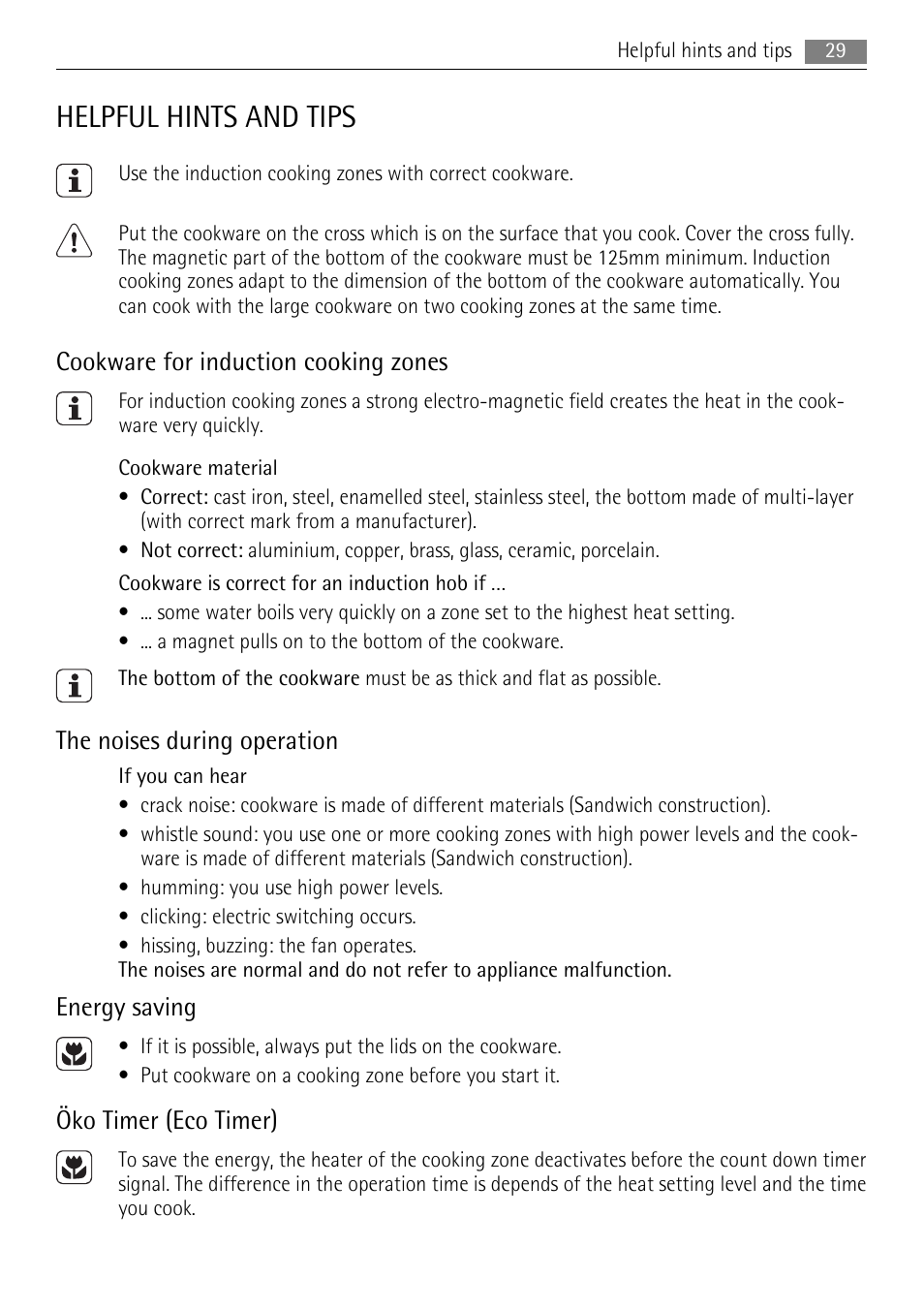 Helpful hints and tips, Cookware for induction cooking zones, The noises during operation | Energy saving, Öko timer (eco timer) | AEG HK854400XB User Manual | Page 29 / 84