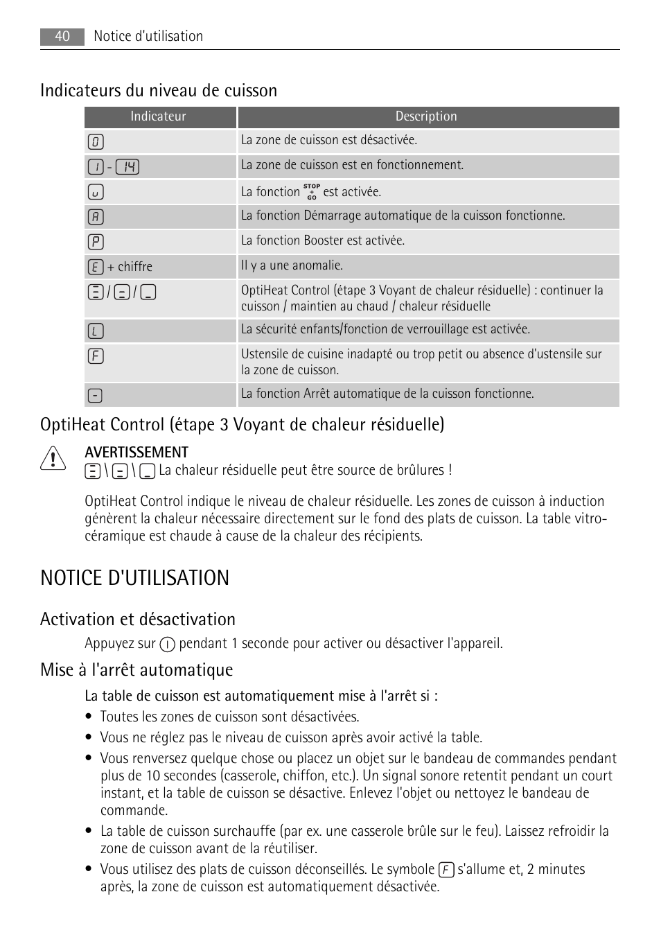 Notice d'utilisation, Indicateurs du niveau de cuisson, Activation et désactivation | Mise à l'arrêt automatique | AEG HK854400XB User Manual | Page 40 / 84