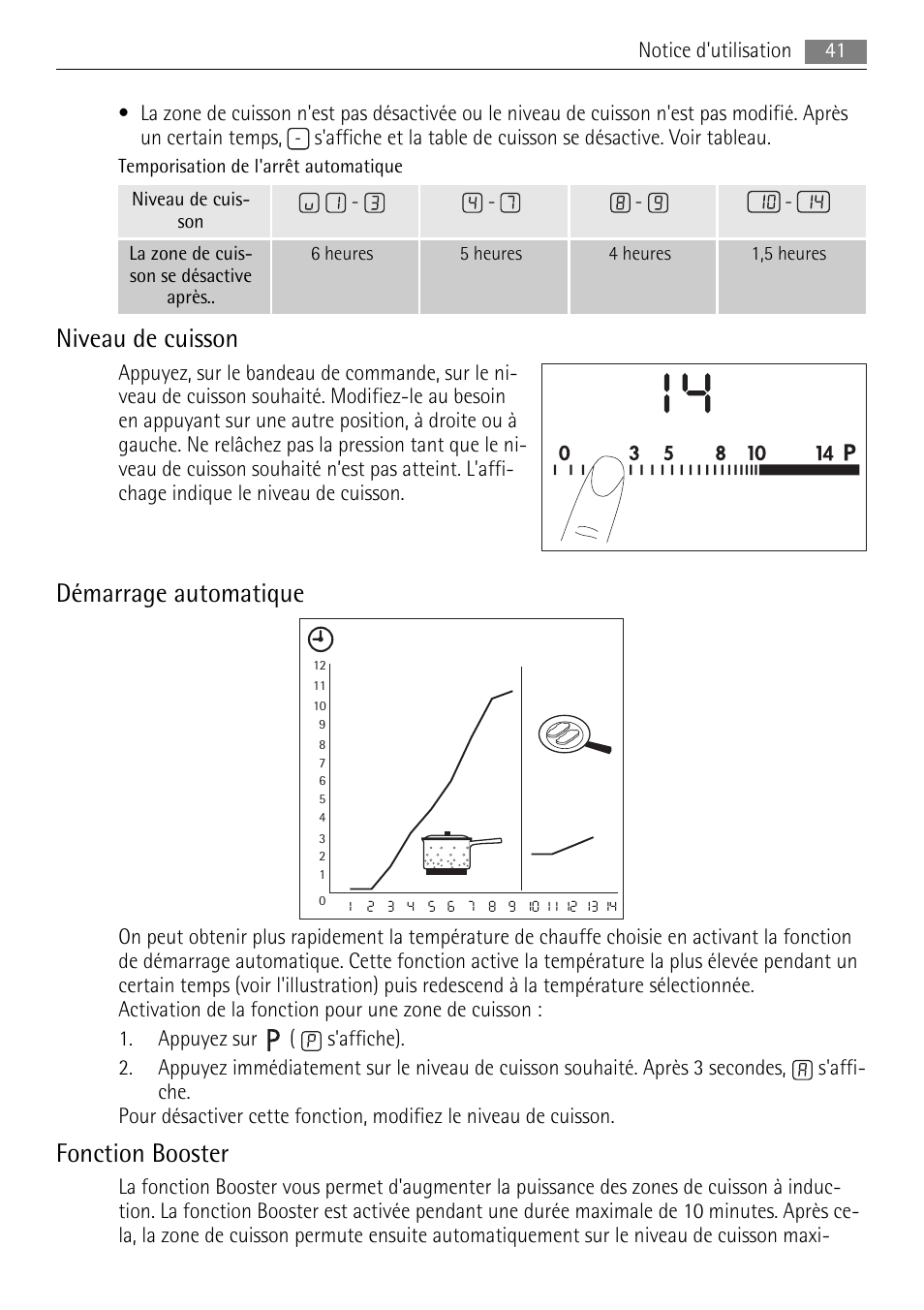 Niveau de cuisson, Démarrage automatique, Fonction booster | AEG HK854400XB User Manual | Page 41 / 84