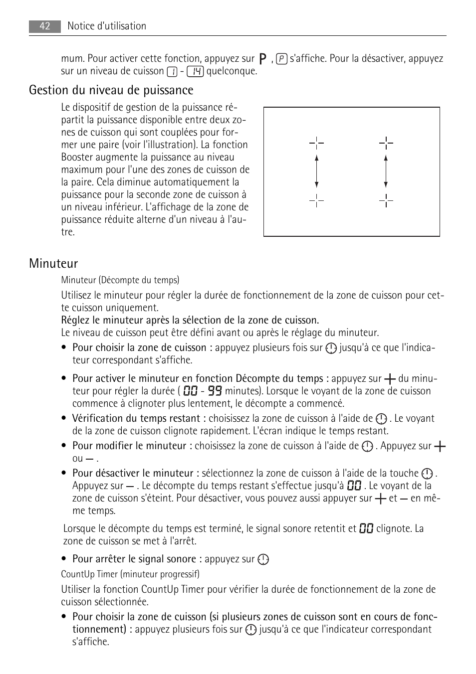 Gestion du niveau de puissance, Minuteur | AEG HK854400XB User Manual | Page 42 / 84