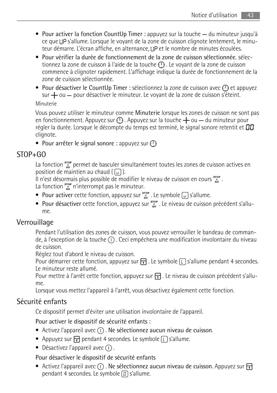 Stop+go, Verrouillage, Sécurité enfants | AEG HK854400XB User Manual | Page 43 / 84