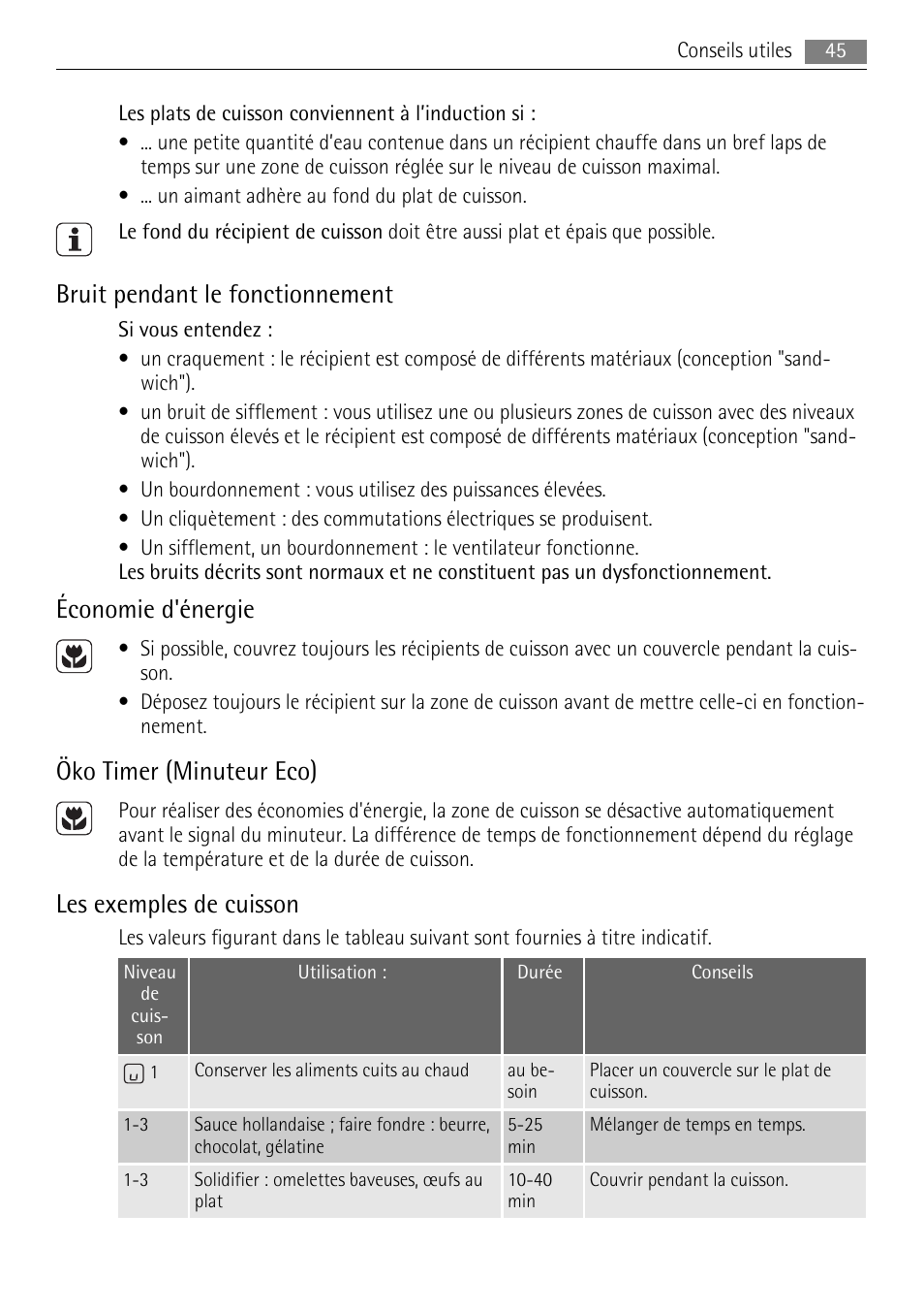 Bruit pendant le fonctionnement, Économie d'énergie, Öko timer (minuteur eco) | Les exemples de cuisson | AEG HK854400XB User Manual | Page 45 / 84