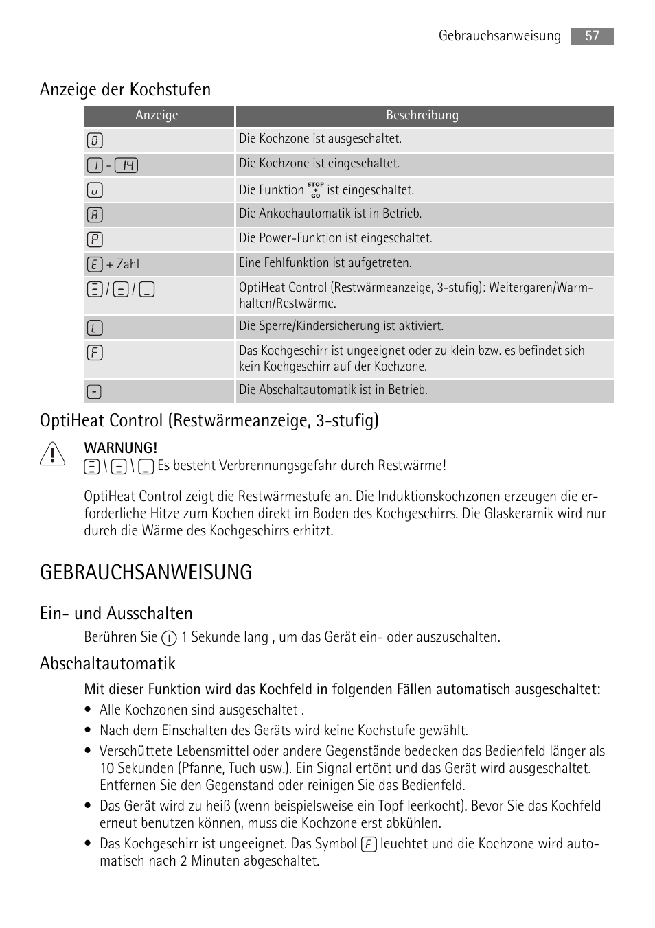 Gebrauchsanweisung, Anzeige der kochstufen, Optiheat control (restwärmeanzeige, 3-stufig) | Ein- und ausschalten, Abschaltautomatik | AEG HK854400XB User Manual | Page 57 / 84