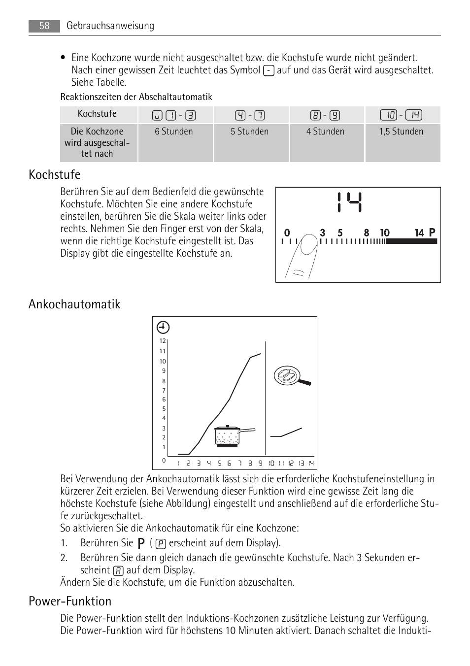 Kochstufe, Ankochautomatik, Power-funktion | AEG HK854400XB User Manual | Page 58 / 84